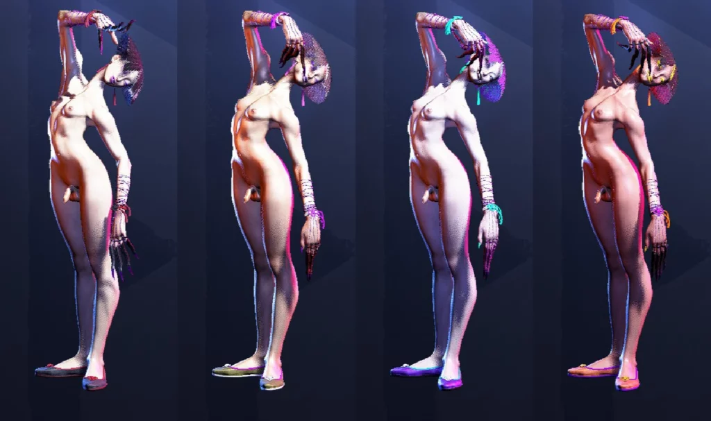 This image showcases the A.K.I Futa Mod with bold color choices, enhancing the character's slender yet powerful design. Each variation allows for a unique experience during gameplay, pushing the boundaries of customization.