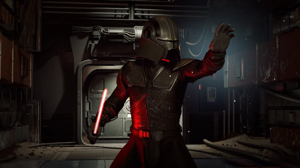 Starkiller channels the Dark Side as he extends his hand, commanding the environment around him. The glowing red saber and dark armor create a menacing visual against the backdrop of the space station's industrial design.
