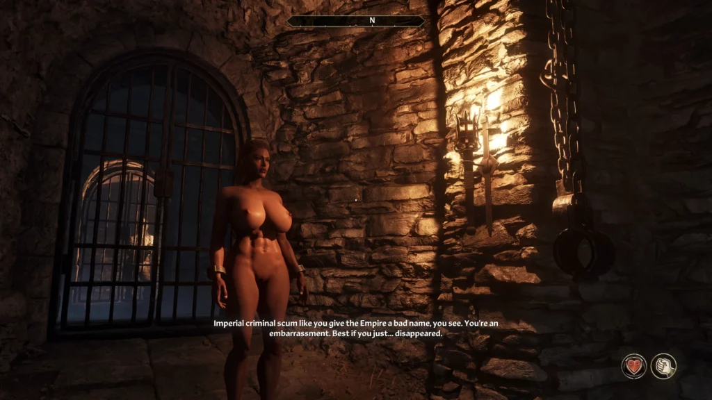 Captured in the dark and moody dungeons of Oblivion Remastered, the Baywatch Babe character stands out against the torch-lit stone walls, showcasing the mod's impressive shadow rendering and lifelike body physics.