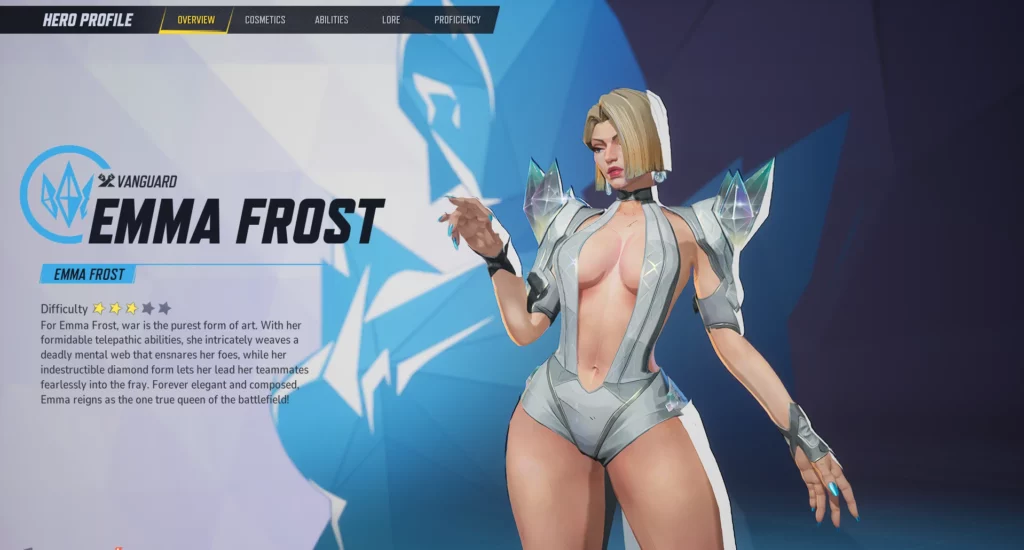 Emma Frost in full Vanguard glory, equipped with the White Queen Diamond Temptress mod. This outfit emphasizes her power and elegance with sparkling diamond enhancements.