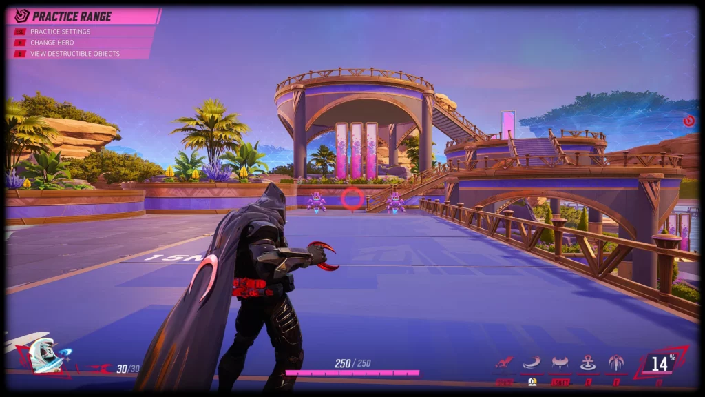 Moonknight Ghost preparing for battle in the Practice Range of Marvel Rivals. His spectral armor glows under the sunlight, and his crescent blades are ready for action.