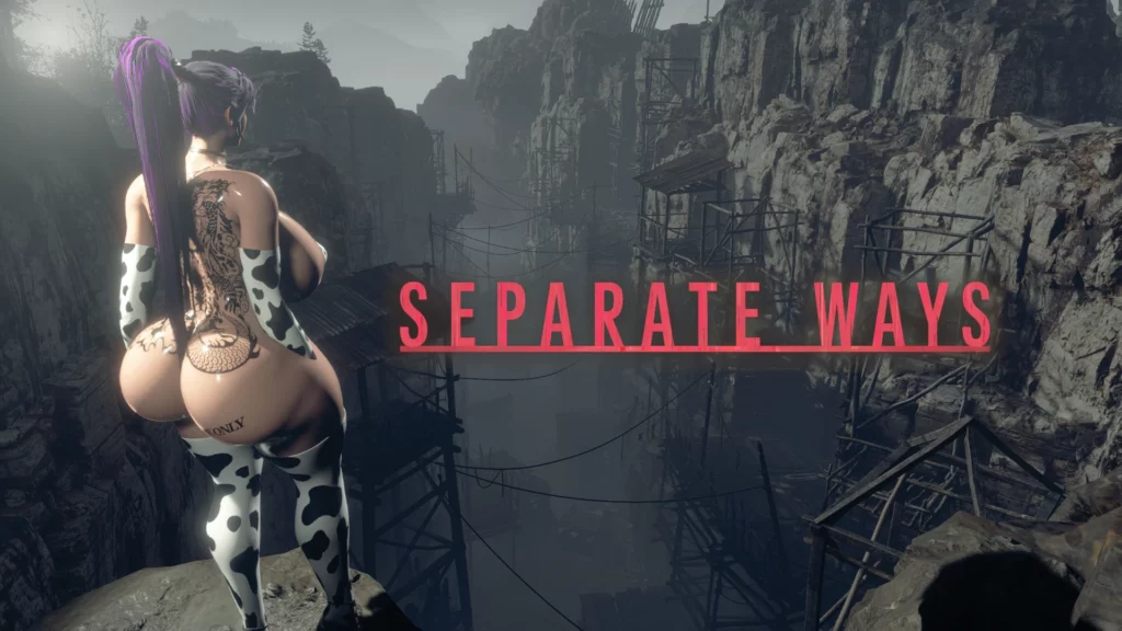 Momiji in a dramatic scene, gazing over the dark canyon in Resident Evil 4 (2023). The Separate Ways mission title looms large, setting the tone for a thrilling adventure.