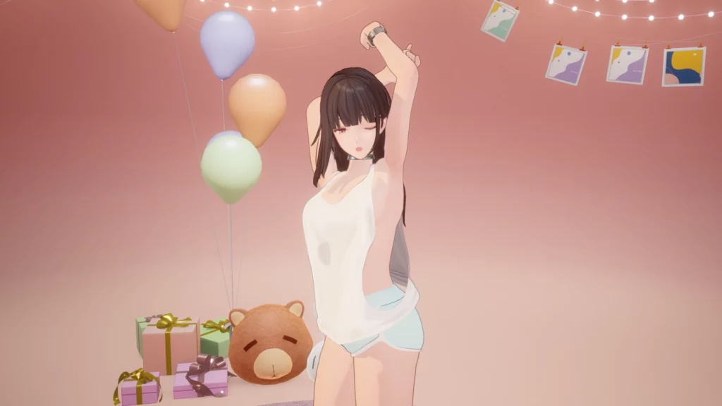 Yao's playful energy is on full display as she stretches gracefully amidst balloons and plush decor. The setting adds a whimsical touch to the mod, blending soft pastels and minimalistic design to create a warm, inviting atmosphere in Snowbreak: Containment Zone.