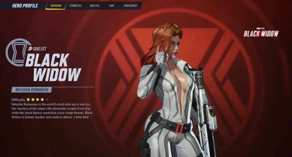 The character selection screen displaying Black Widow’s new look in the Skimpy White Suit Mod. Her redesigned tactical outfit stands out, making her a striking presence in Marvel Rivals.