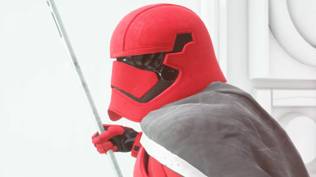 A close-up view of Captain Cardinal's helmet in Star Wars Battlefront II (2017). The mod's high-resolution textures bring out every detail, from the sleek red plating to the black accents, representing the First Order's elite forces.