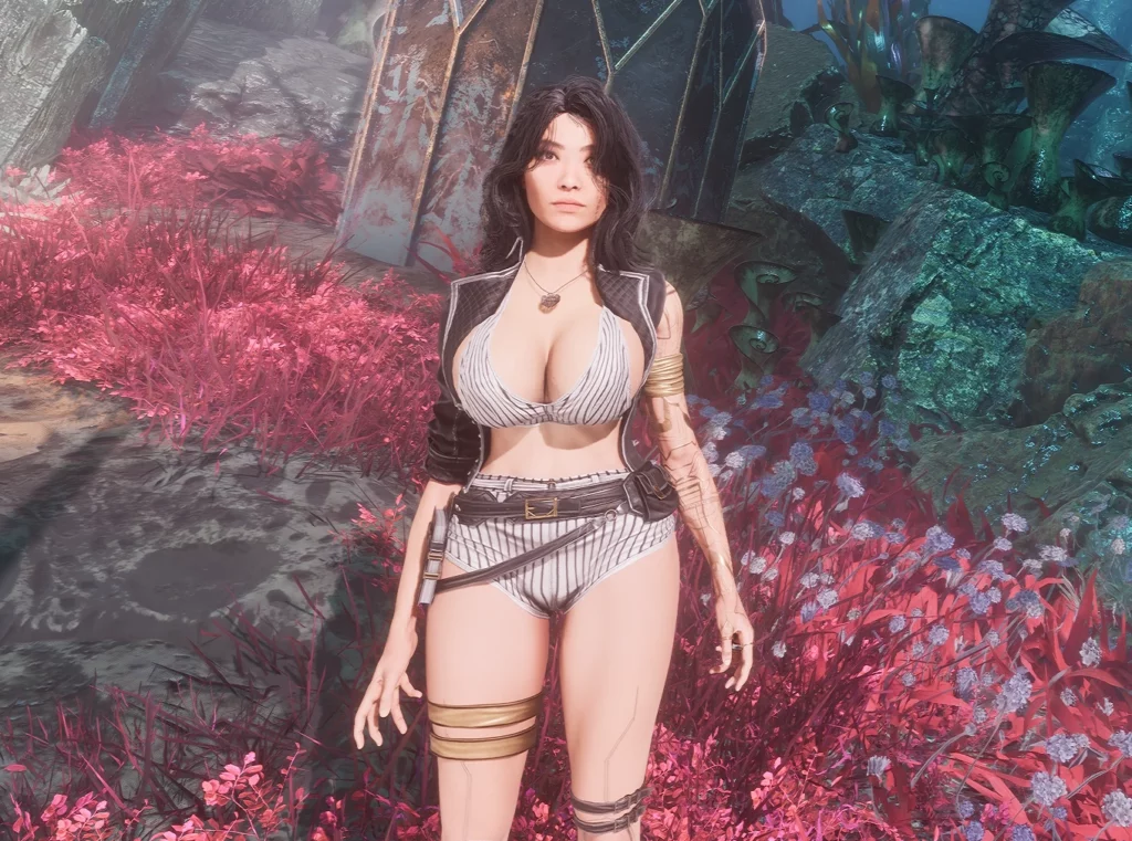 Lune faces the vibrant flora of an alien world, her Expedition Curvy Outfit perfectly complementing the scenery. The mod's attention to detail is evident in her outfit's stitching, leatherwork, and futuristic elements, setting her apart as a true space explorer.