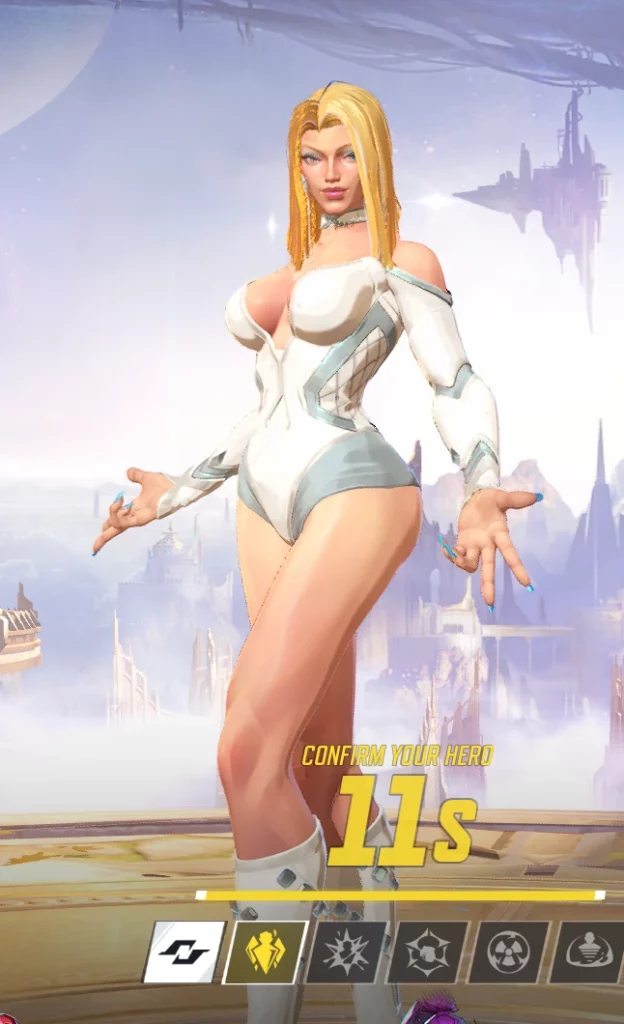 A cinematic character selection screen view of Emma Frost in Marvel Rivals, sporting her long hair sexy outfit mod in a sci-fi landscape with dynamic lighting.