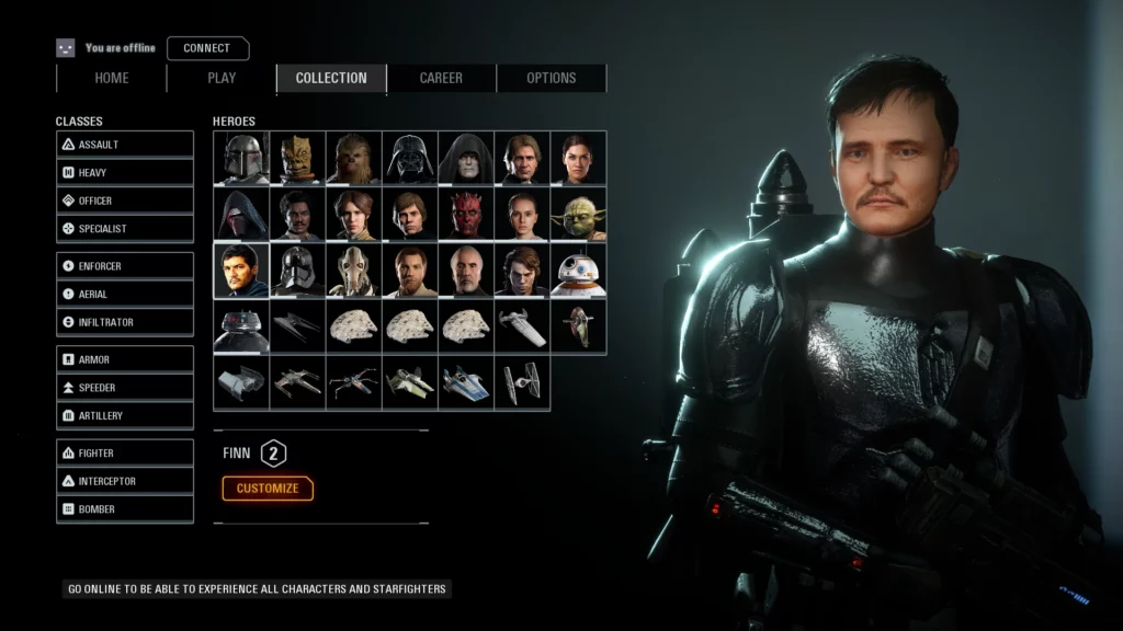 Din Djarin helmetless mod in Battlefront II collection menu