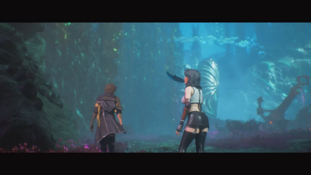 Lune and Gustave walking through colorful terrain