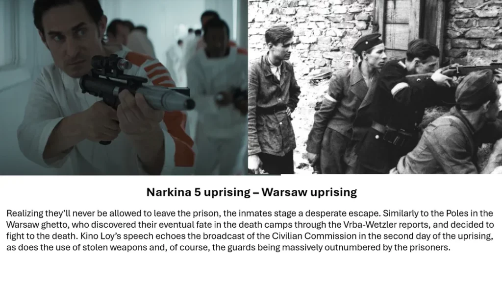 This prison rebellion is a direct allegory to the 1943 Warsaw Ghetto Uprising, highlighting resistance in hopeless circumstances.