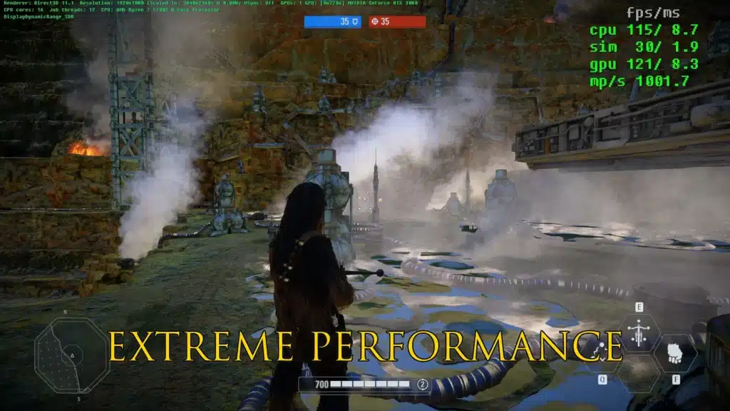 Gameplay scene showcasing Chewbacca with significant FPS gains using the Extreme version of the mod, featuring a crisp environment and steady GPU/CPU output ideal for high-performance gaming.