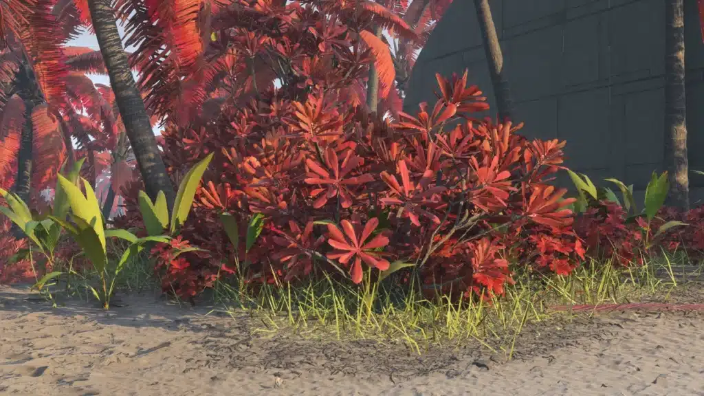 Close-up of red Scarif bushes and green plants near bunker wall