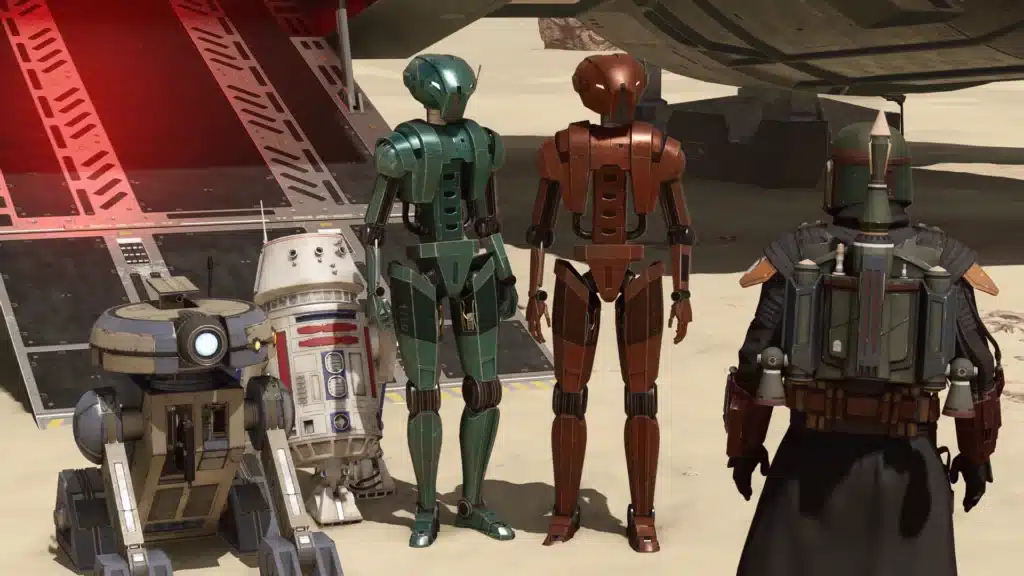 HK-47 and T3-M4 standing with droid squad and Boba Fett