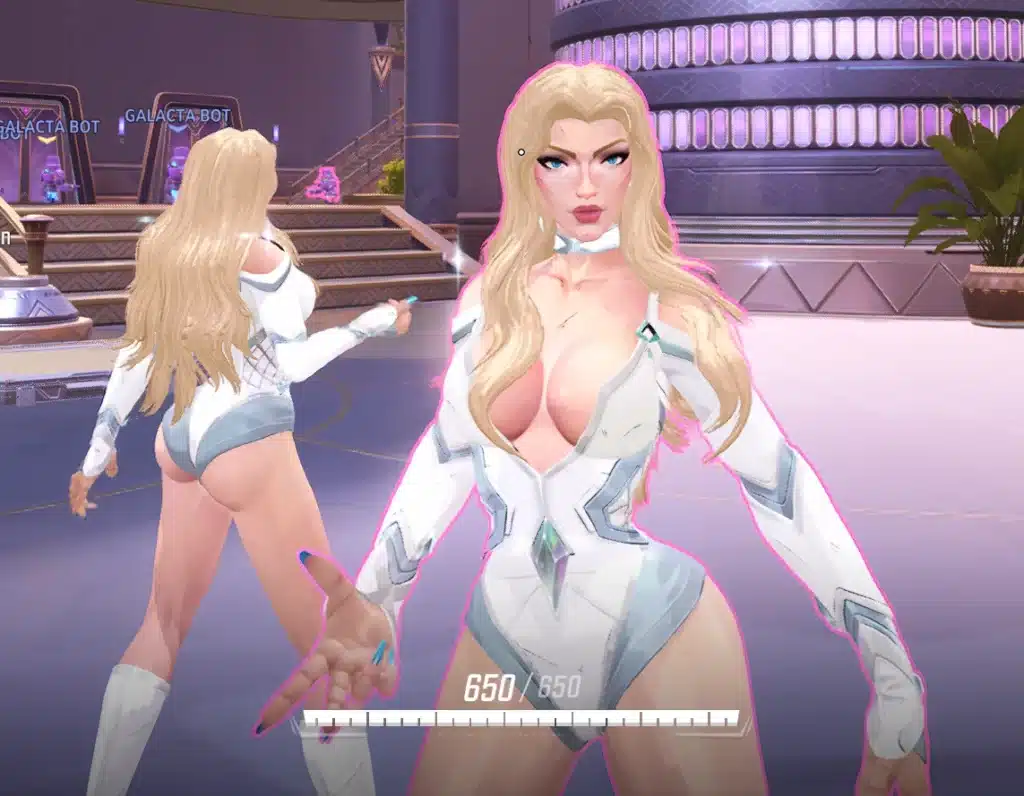 In-game screenshot of Emma Frost in long hair mod during hero simulation