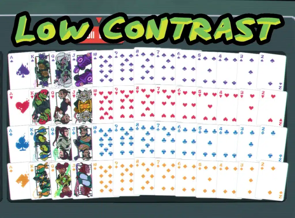 Low contrast version of the full TMNT card set in Balatro with suit colors and face cards displayed.