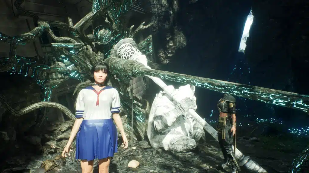 Lune standing in front of overgrown ruins wearing Japanese school uniform mod