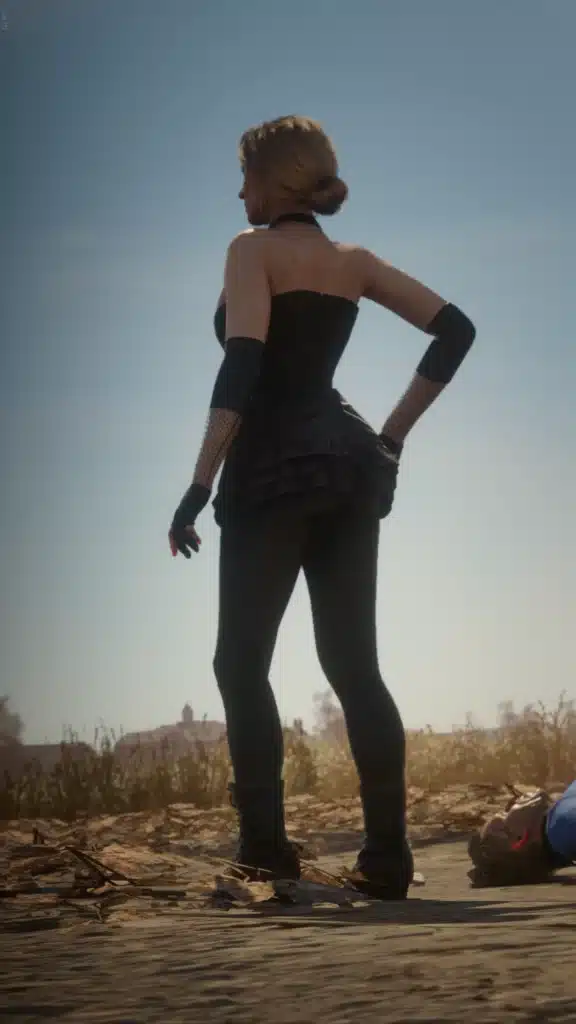  A powerful pose from Sadie Adler in Red Dead Redemption 2, styled with a custom sexy outfit mod that adds modern allure to her wild west charm.
