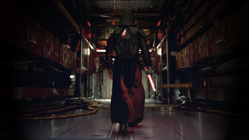 Starkiller walks down a shadowy corridor, lightsaber in hand, ready for conflict. The mod captures the dark and gritty atmosphere of Star Wars, bringing it into the Starfield universe.