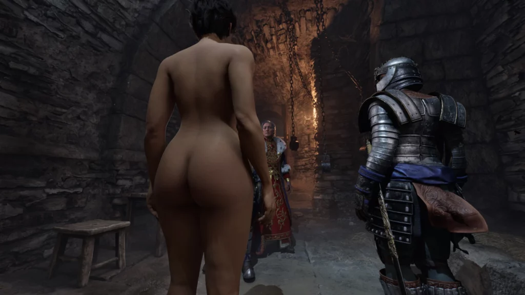 An immersive scene from Oblivion Remastered, where a player character enhanced with the Natural Bodies of Oblivion mod interacts with NPCs in a stone dungeon setting. The detailed body model adds realism to the game's iconic environments.