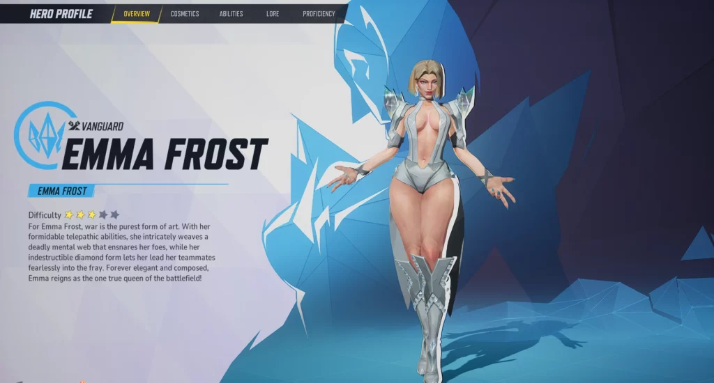 Marvel Rivals hero screen displaying Emma Frost as the White Queen. The Diamond Temptress mod accentuates her signature look with crystalized armor and luxurious details.