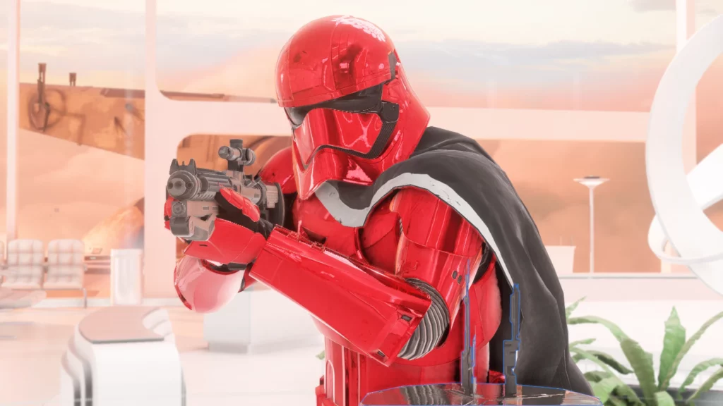 Captain Cardinal takes aim on the battlefield with a tactical blaster in Star Wars Battlefront II (2017). His crimson armor gleams under the bright lights, showcasing the mod's exceptional craftsmanship.