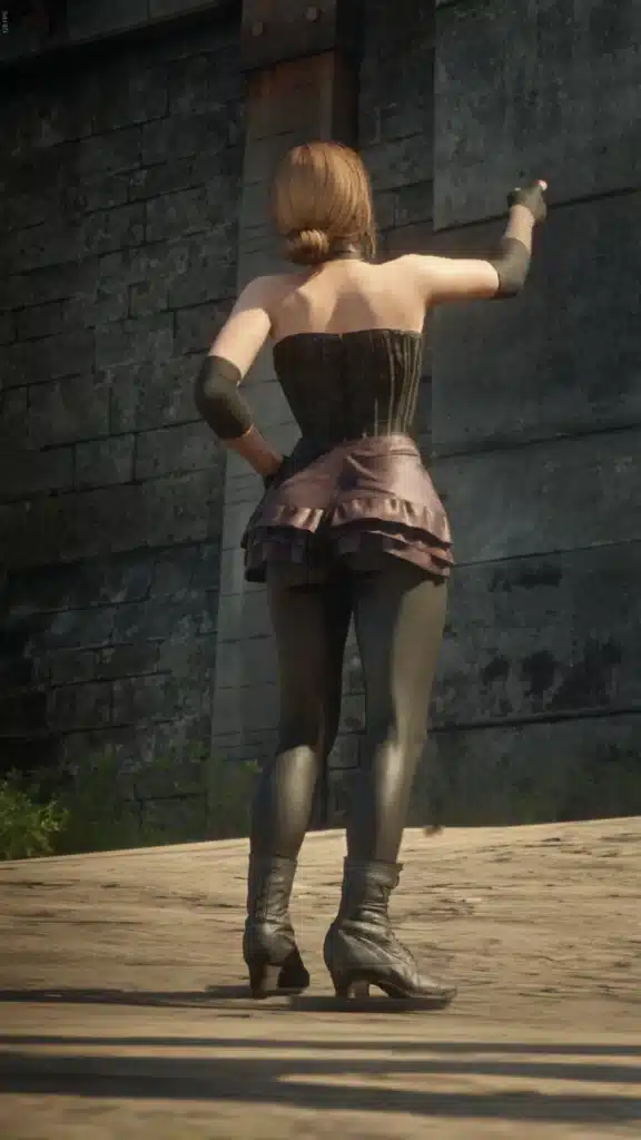Detailed rear view of the Sadie outfit mod in Red Dead Redemption 2, featuring ruffles, tights, and high-heeled boots for maximum impact.