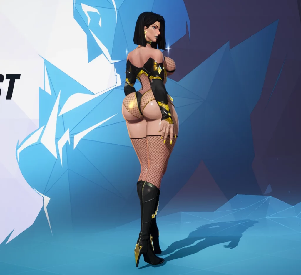 Rear view of Emma Frost mod in black skimpy outfit