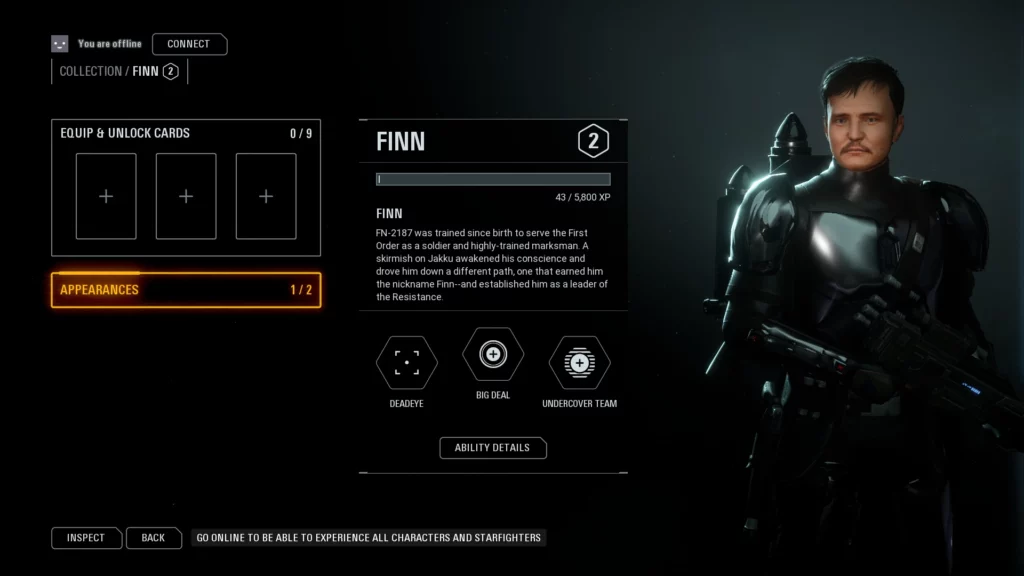 Finn character menu with Din Djarin mod equipped
