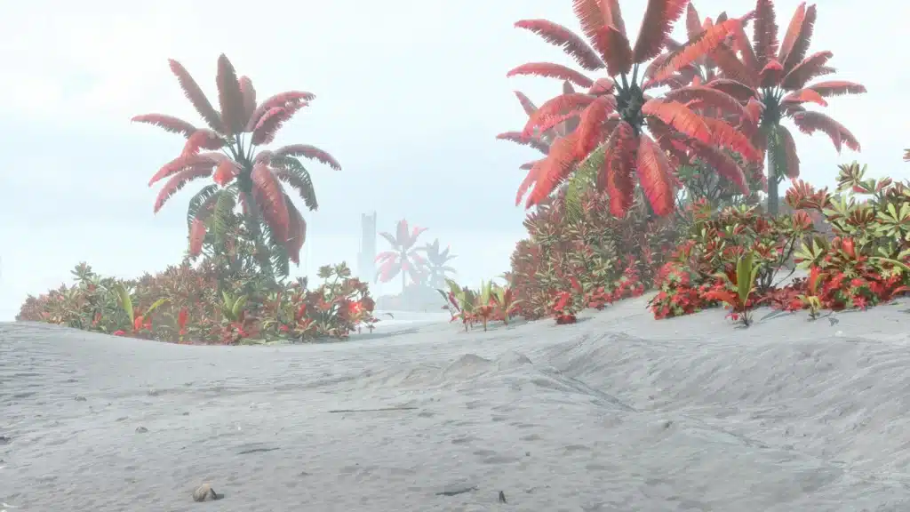 Foggy beach landscape with red plants and palm trees