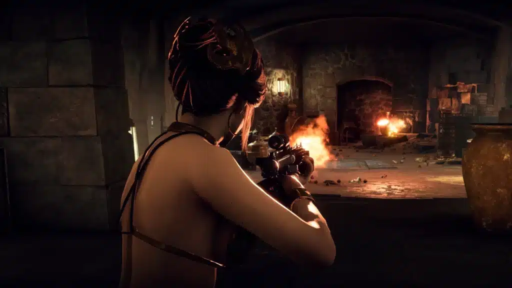 Leia gold bikini model close-up in gameplay pose