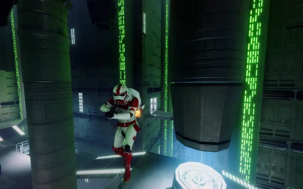 ShockTrooper leaping between platforms in a reactor shaft