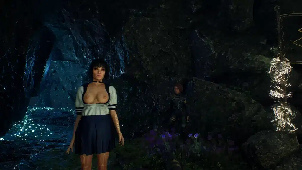 Lune wearing NSFW variant of school uniform mod in flower-lit cave scene
