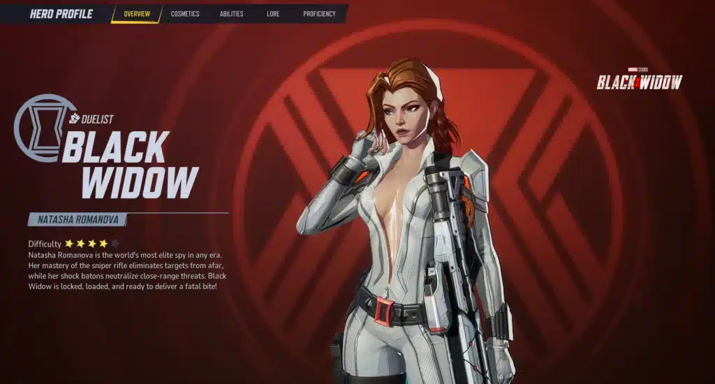 A bold tactical pose of Black Widow, fully outfitted in the Skimpy White Suit Mod. Her iconic weapons and new look bring a fresh dynamic to the Marvel Rivals experience.