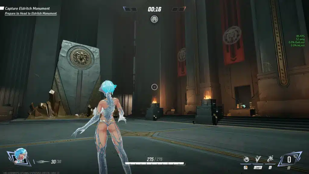 Luna Snow strides confidently through the Capture Eldritch Monument stage in Marvel Rivals, equipped with the Frostbite Skin Mod. Her icy trail leaves a lasting impression as she navigates the battlefield.