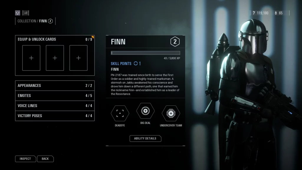 Din Djarin helmeted character with modded abilities in Finn's menu