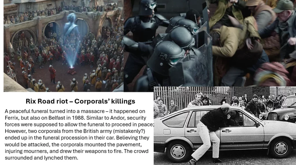 Combines visual elements of the Tlatelolco massacre, Euromaidan sniper attacks, and modern civilian crackdowns.