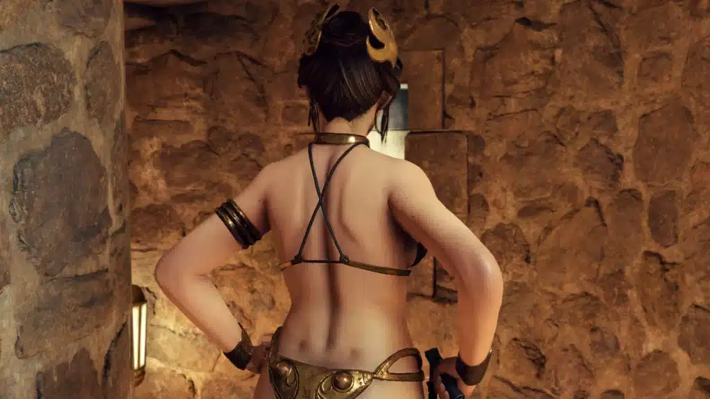 Rey gold bikini mod skin in Jedi pose from gameplay