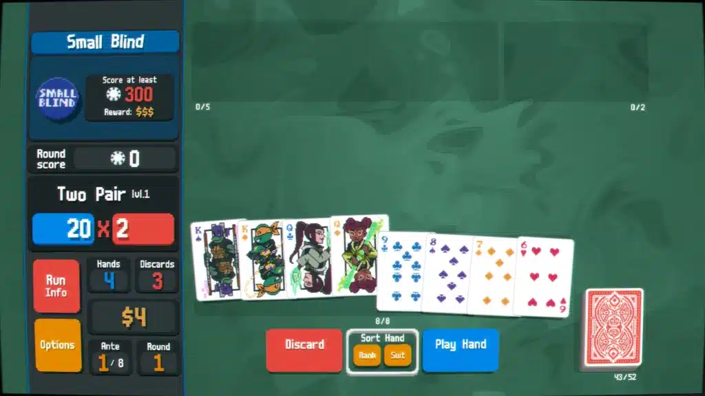 Gameplay screenshot of Balatro with TMNT cards played, showing a two-pair hand with turtle-themed characters.