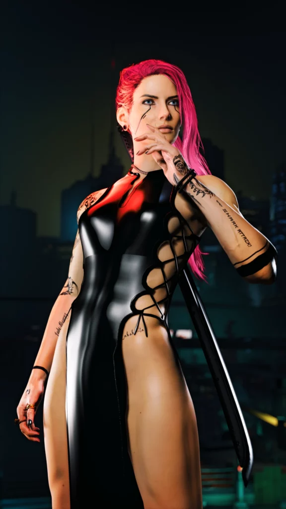 Cyberpunk 2077 Night Butterfly Dress showcased in an elegant and futuristic design. Perfect for players looking to enhance their character's style in Night City. Image 7 displays unique fabric textures and cyberpunk aesthetics, ideal for nightlife and high-tech environments.
