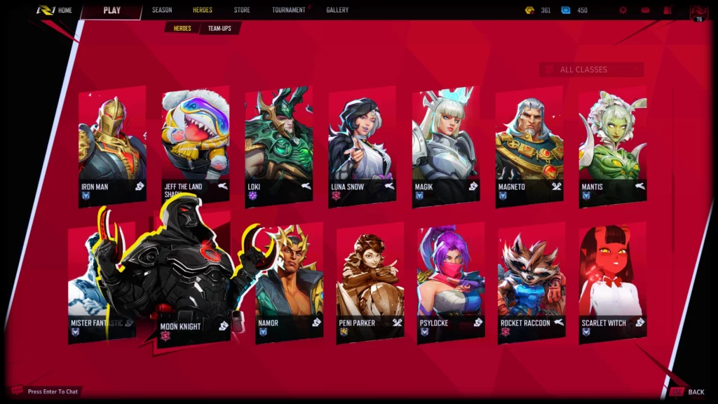Character selection screen in Marvel Rivals featuring Moonknight Ghost among other iconic Marvel heroes. His spectral design stands out with its dark, glowing elements.