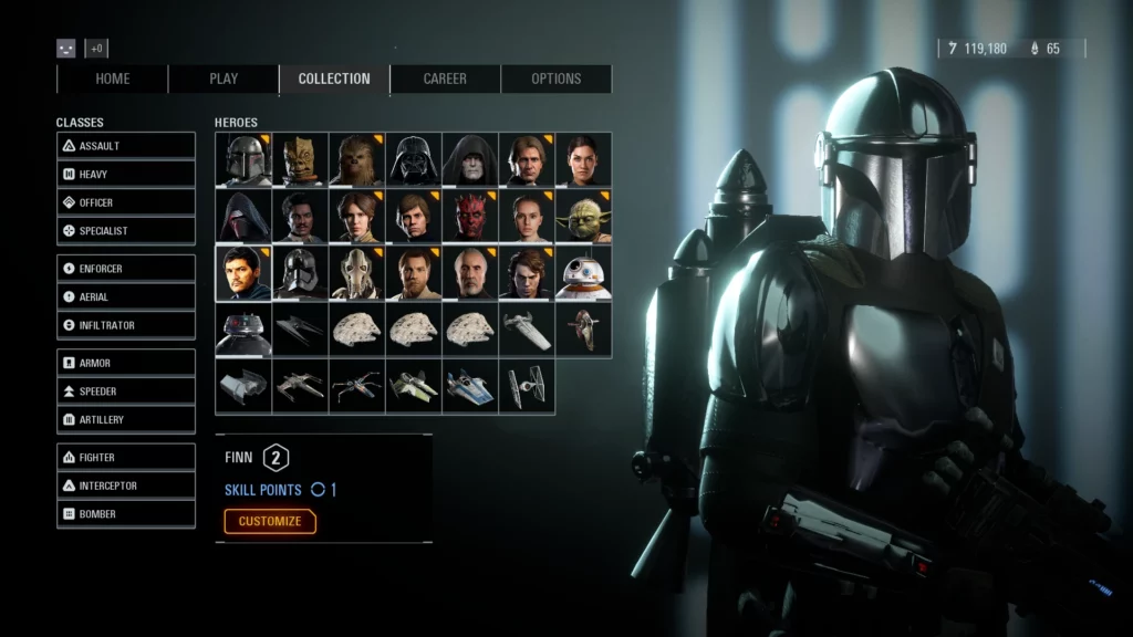 Battlefront II collection screen with Din Djarin mod activated