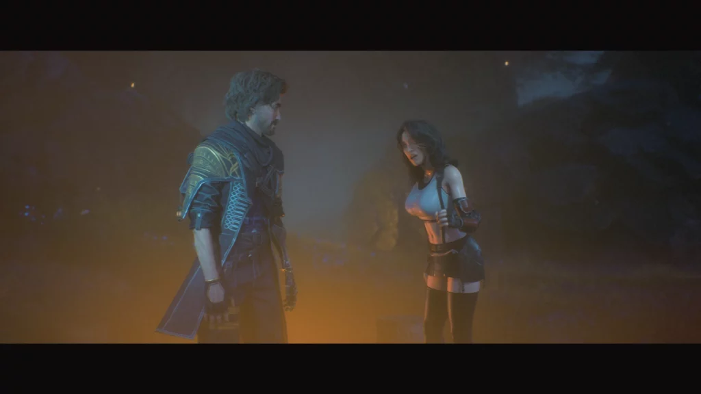 Gustave and Lune by campfire, Lune wearing Tifa gear