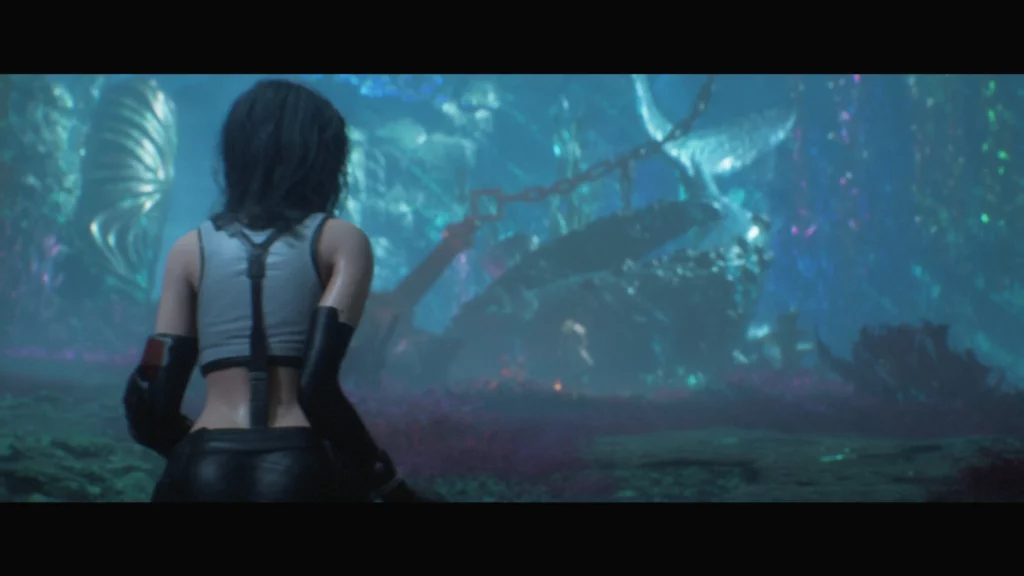 Lune in Tifa outfit looking toward giant chained statue