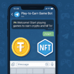 Smartphone displaying a Telegram chat with a “Play-to-Earn Game Bot” message, overlaid with TON coin and NFT icons, set against a background of gaming and crypto symbols.