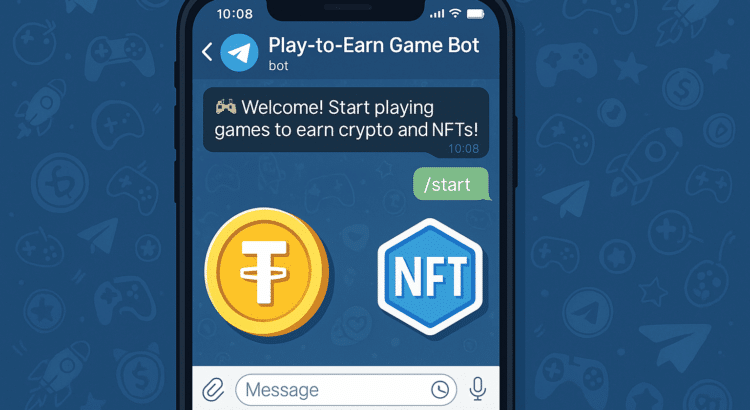Smartphone displaying a Telegram chat with a “Play-to-Earn Game Bot” message, overlaid with TON coin and NFT icons, set against a background of gaming and crypto symbols.