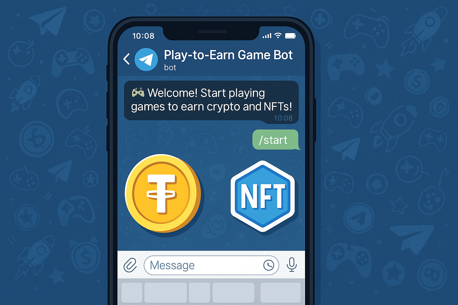 Smartphone displaying a Telegram chat with a “Play-to-Earn Game Bot” message, overlaid with TON coin and NFT icons, set against a background of gaming and crypto symbols.