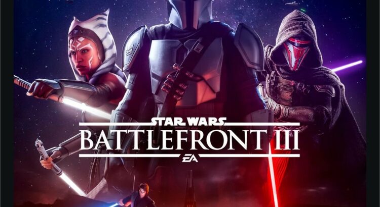 Fan-made Star Wars Battlefront 3 cover art featuring The Mandalorian, Ahsoka, Darth Revan, Anakin, and Vader