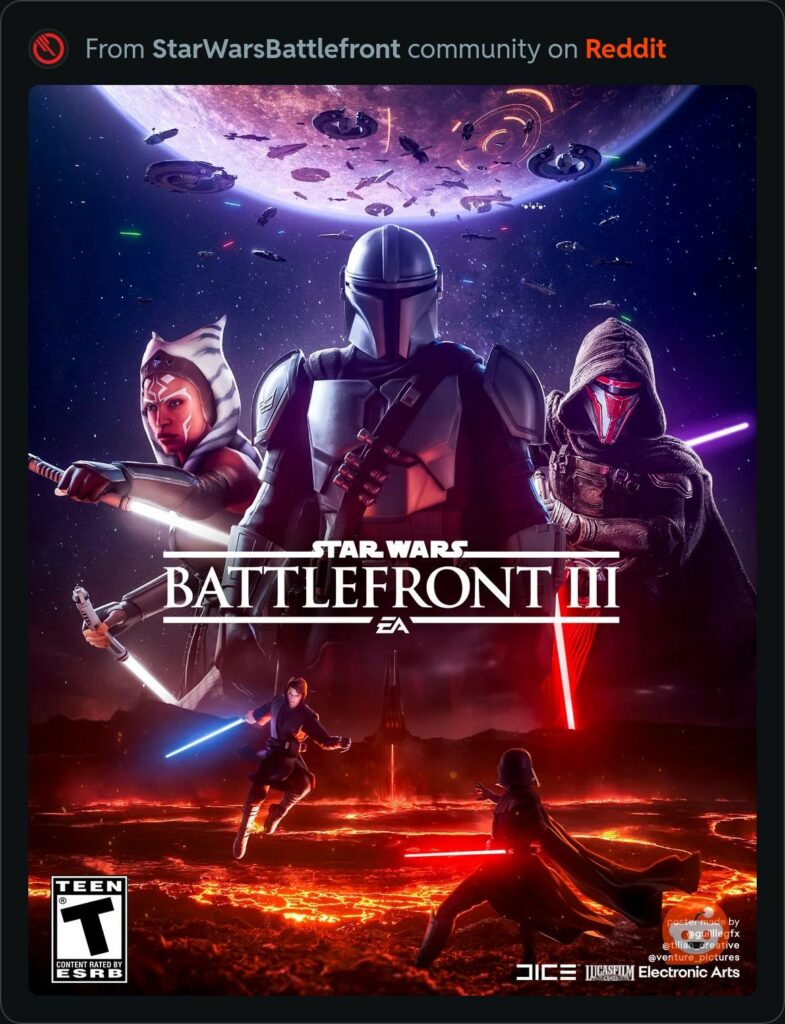 Fan-made Star Wars Battlefront 3 cover art featuring The Mandalorian, Ahsoka, Darth Revan, Anakin, and Vader