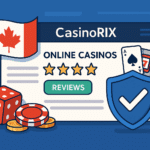 Illustration of a CasinoRIX review page featuring the Canadian flag, star ratings, review button, poker chips, dice, cards, and a security shield icon.