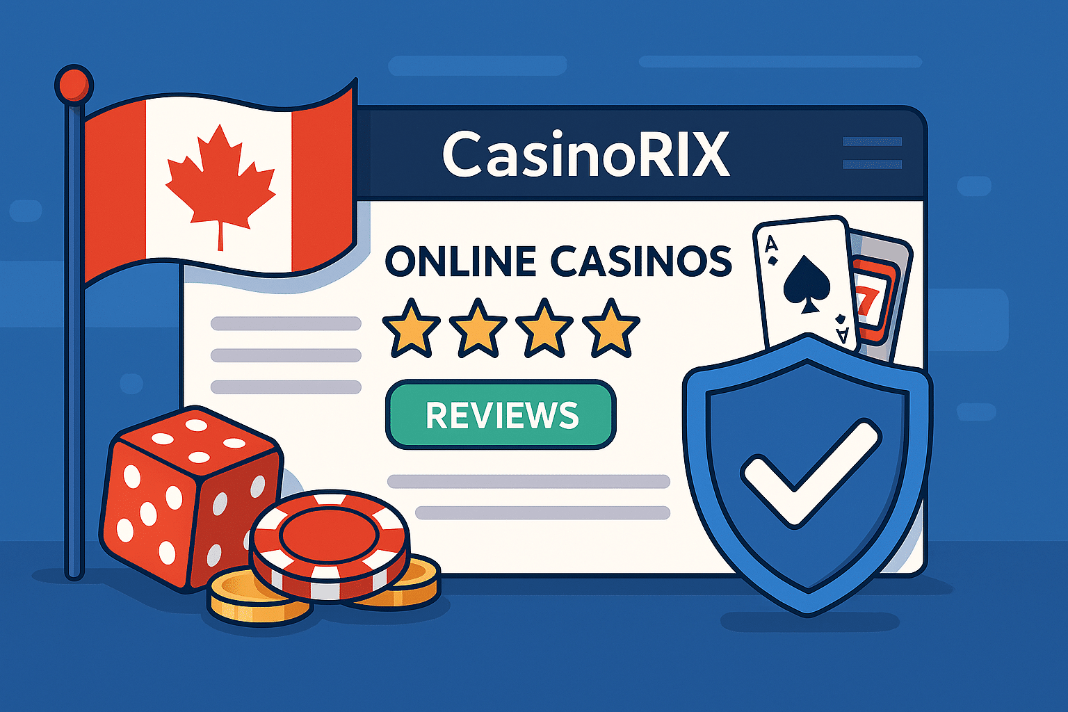 Illustration of a CasinoRIX review page featuring the Canadian flag, star ratings, review button, poker chips, dice, cards, and a security shield icon.